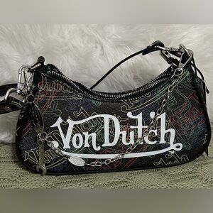 Von Dutch Black Shoulder Bag with Rainbow Line Accents